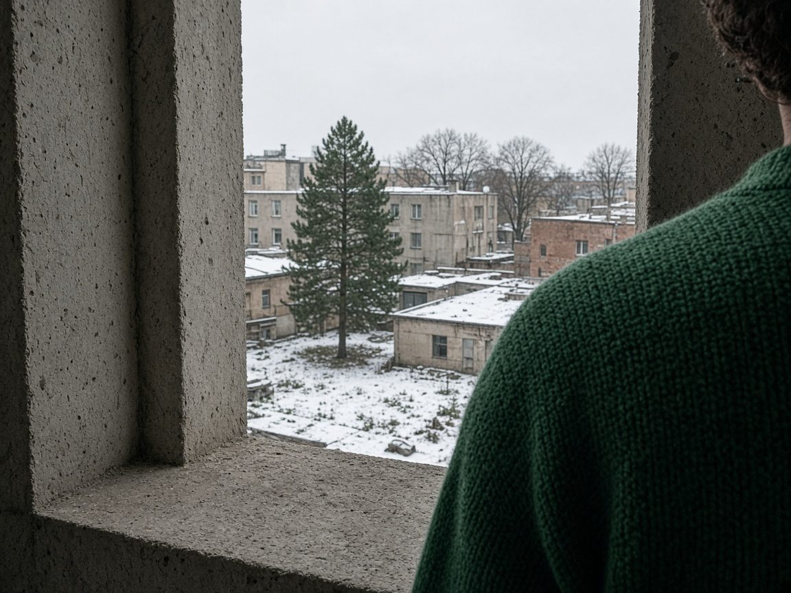 Zwei Personen am Fenster, im Gespräch über einen Ordner, Rücken zur Kamera